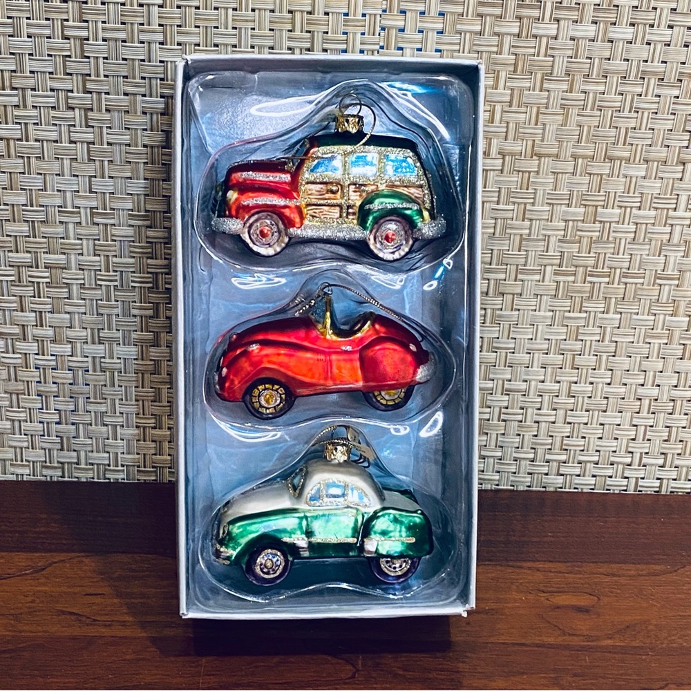 🎄🌟HP🌟VTG 2000s Set 3 Glass Hand Painted Car Christmas Tree Ornaments in Box
